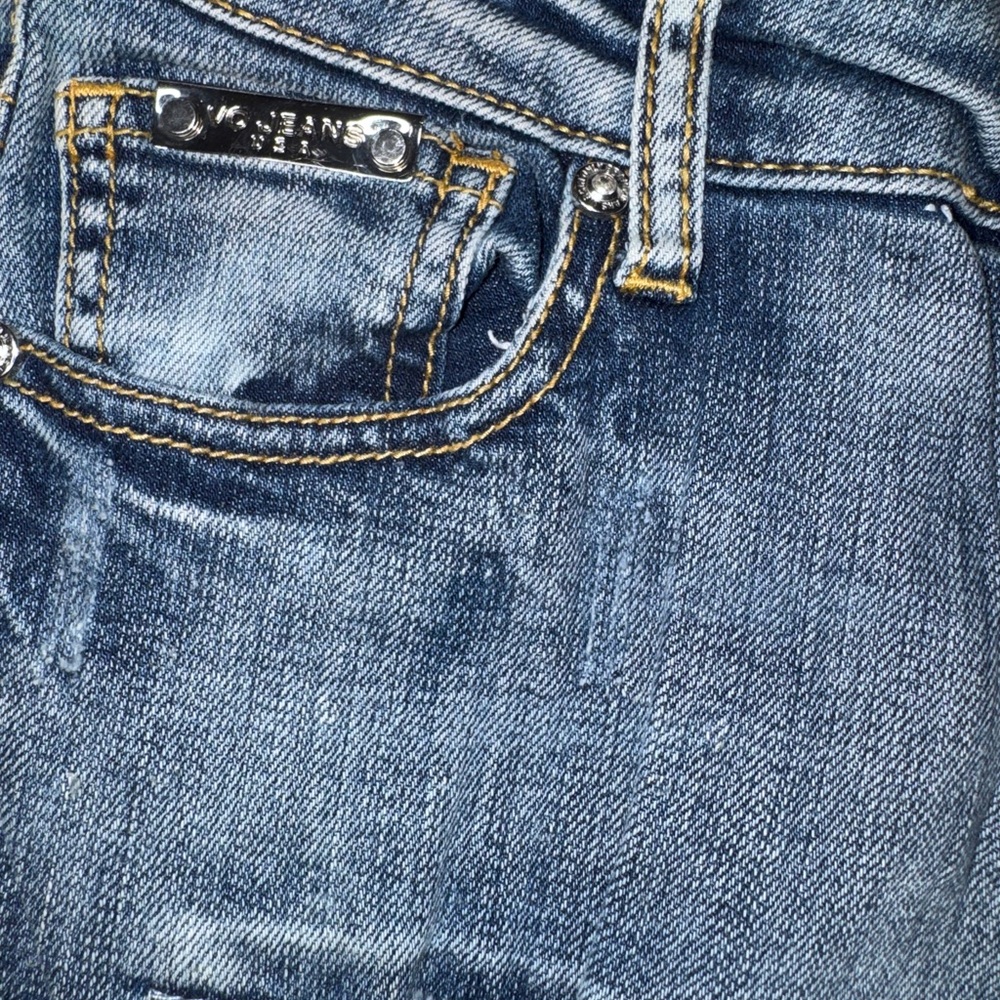 Virgin Only Y2K Low Rise Bootcut Flare Distressed Rhinestone Jeans Sz 25 - Picture 4 of 9